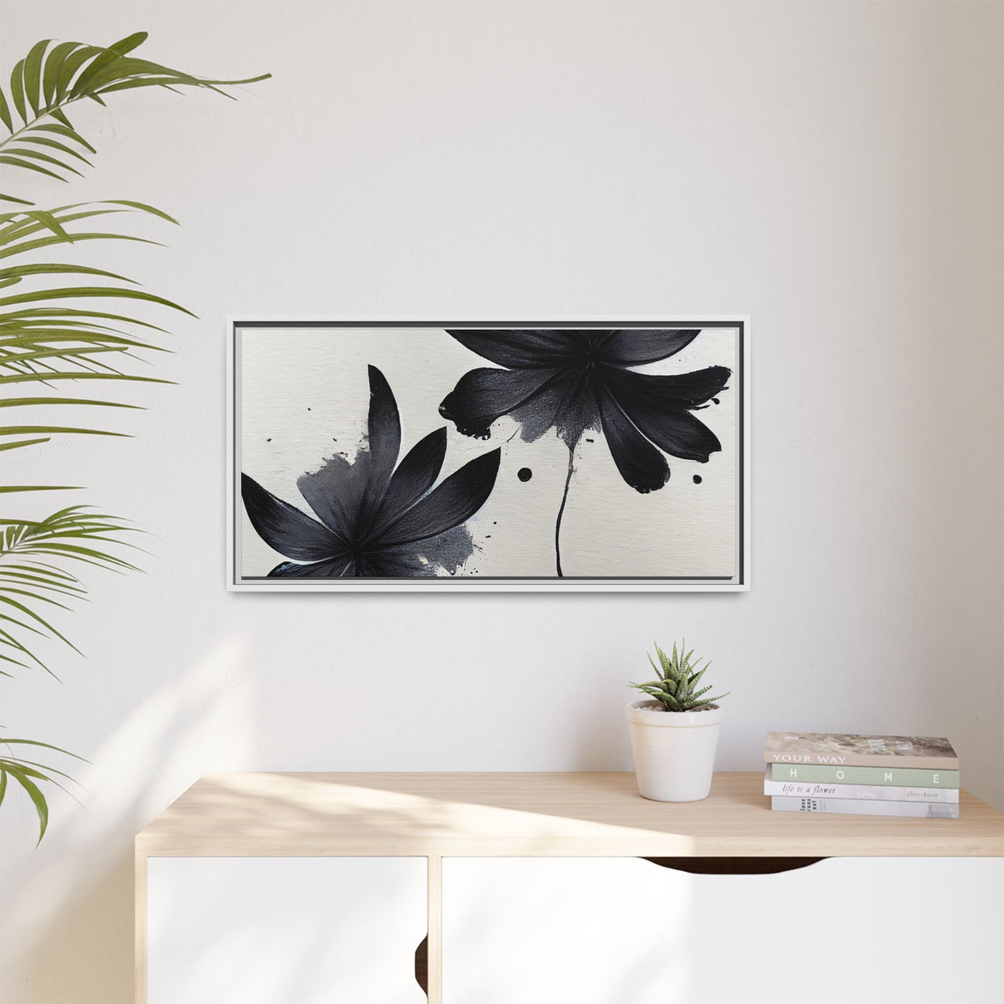 Framed Black Floral Matte Canvas Wall Art — Monochrome Botanical Print