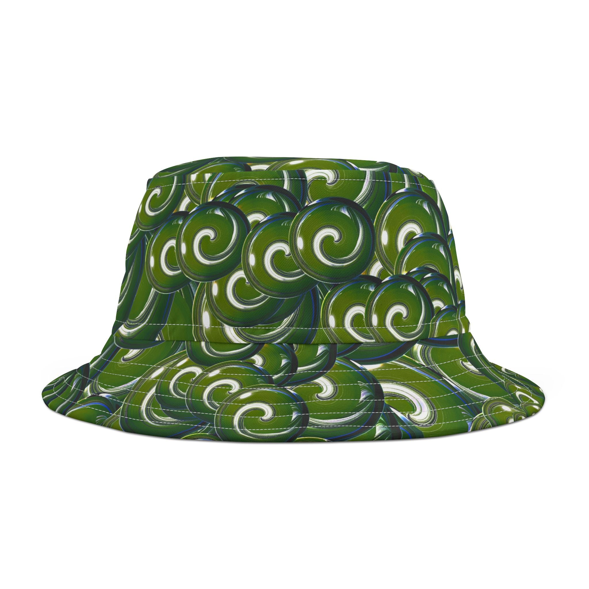 Green Swirl Pattern Bucket Hat – All-Over Print Casual Sun Hat