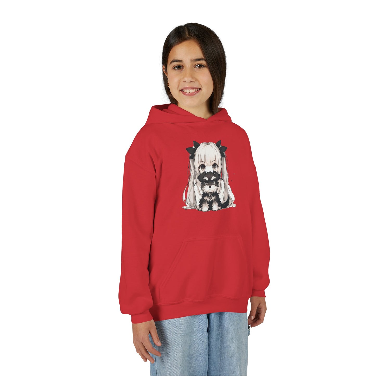 Cute Anime Girl & Puppy Youth Hoodie — Kawaii Kids Pullover for Anime Fans