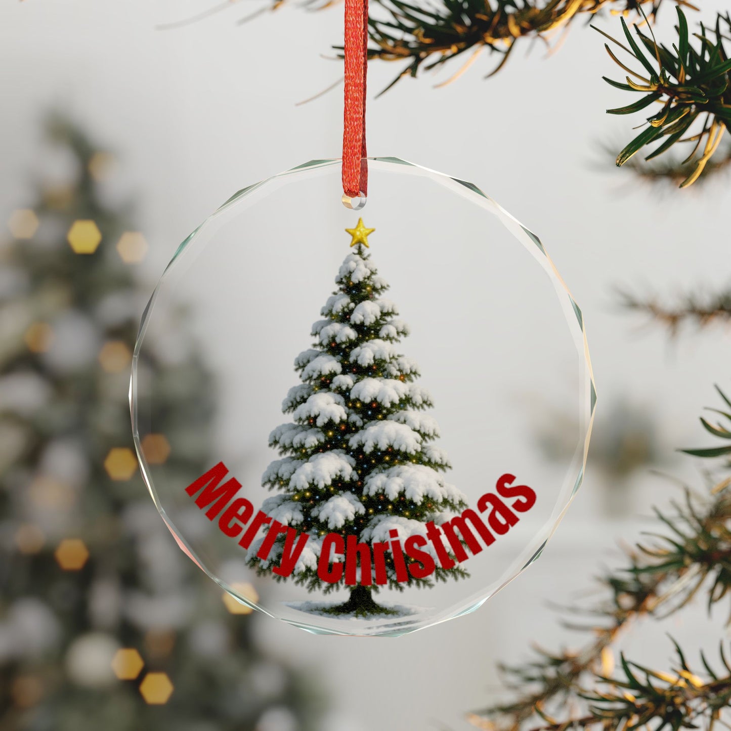 Heart Crystal Ornament — Snowy Christmas Tree "Merry Christmas" Holiday Decoration
