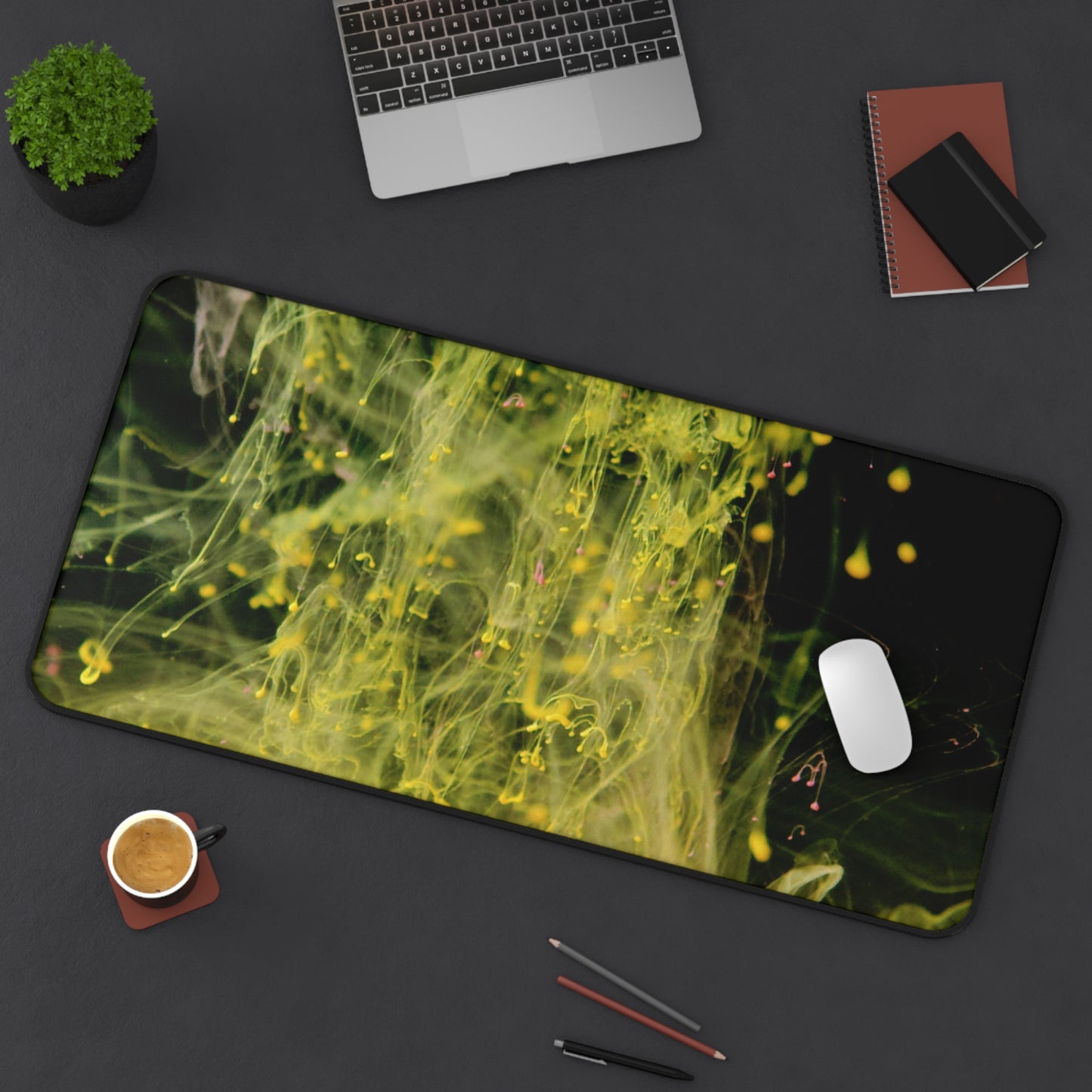 Abstract Yellow Ink Desk Mat — Vibrant Liquid Art Mouse Pad