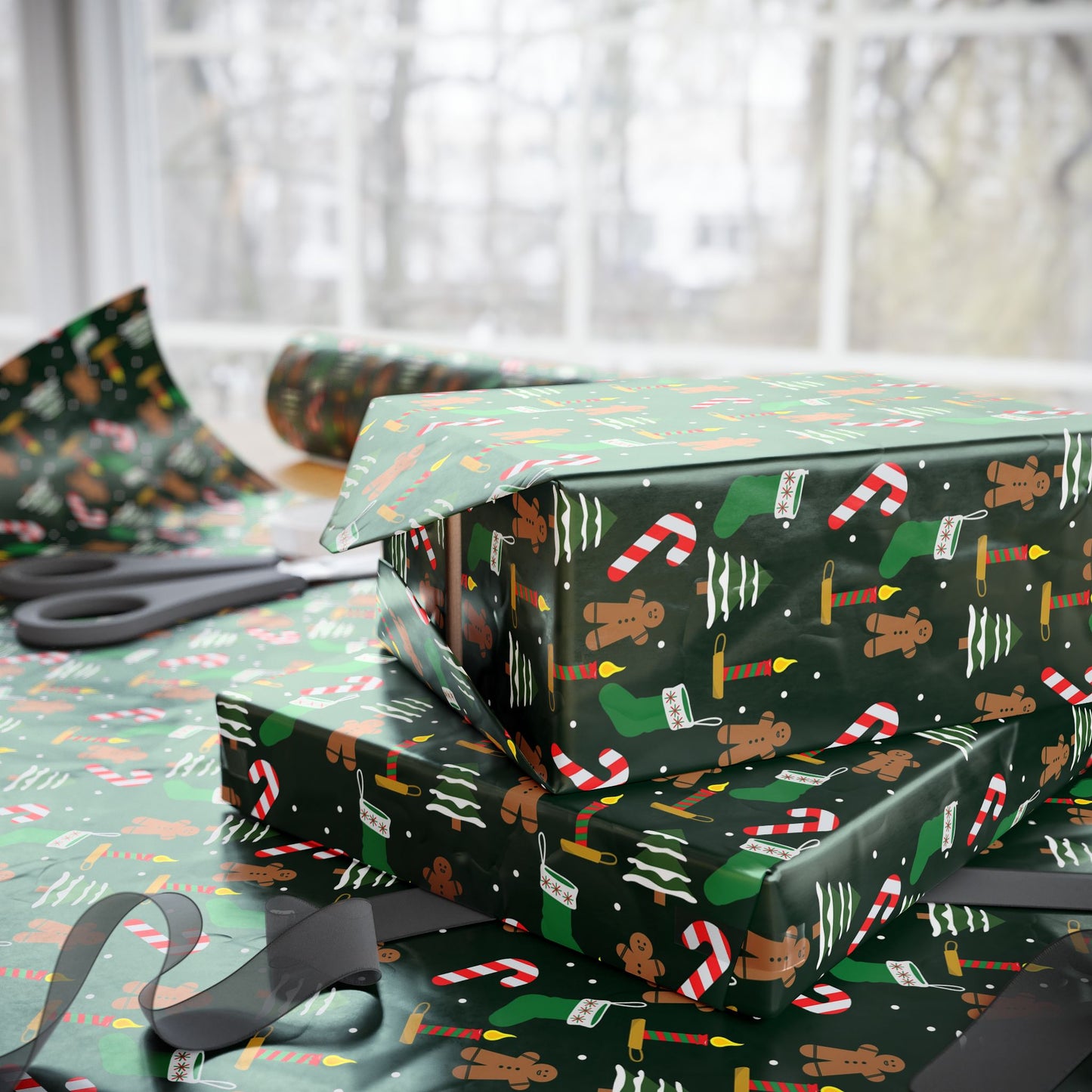 Christmas Wrapping Paper Roll — Gingerbread & Candy Cane Pattern on Dark Green