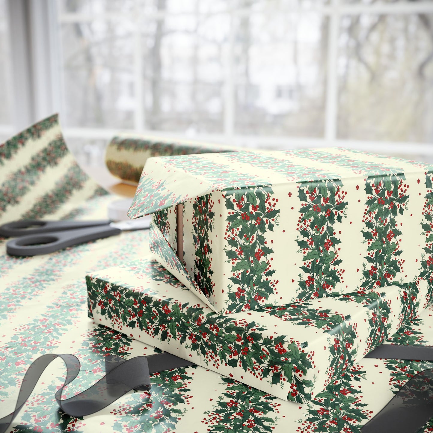 Holiday Pine Sprig Wrapping Paper Roll — Festive Green & Red Gift Wrap