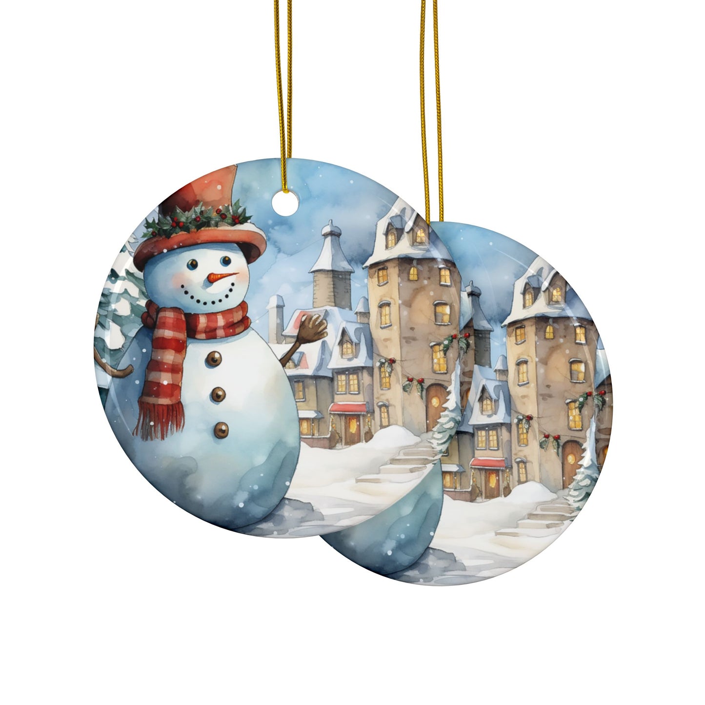 Snowman Village Ceramic Ornament — Double-Sided Christmas Tree Decoration