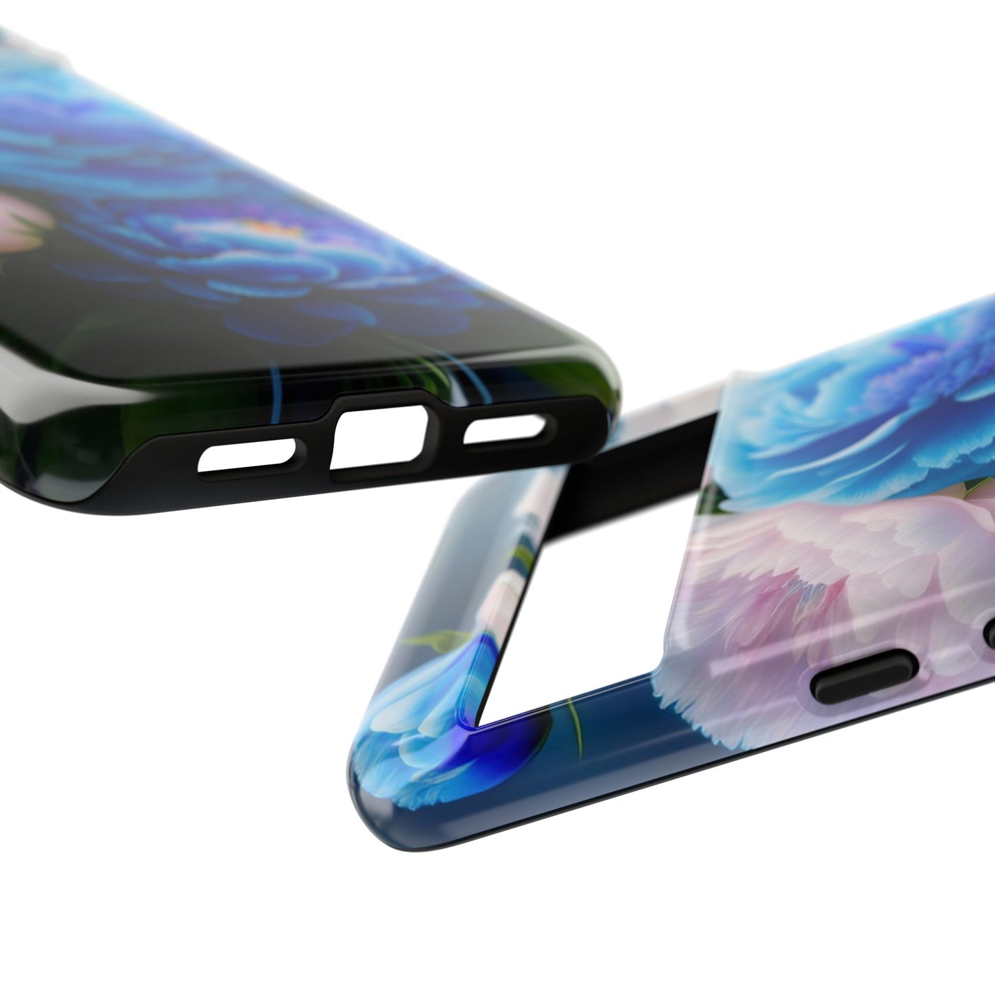 Floral Blue Peony Phone Case — Protective Tough Case with Pink & Blue Blooms