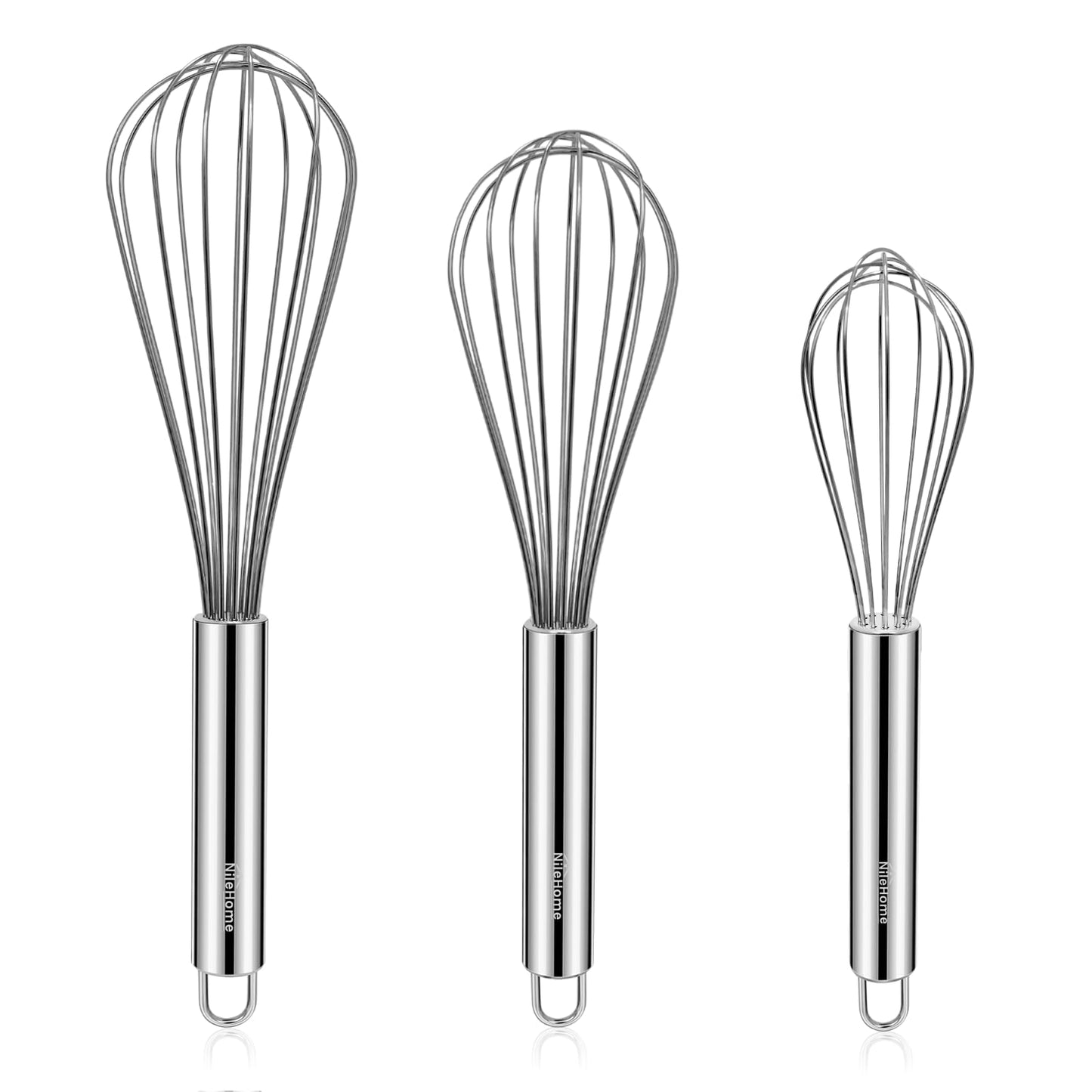 NileHome Stainless Steel Whisk Set 8" 10" 12" Kitchen Whisk Balloon Whisk Kitchen Wisk Wire Whisks for Cooking, Whisking, Blending, Beating, Stirring-3 Pack…