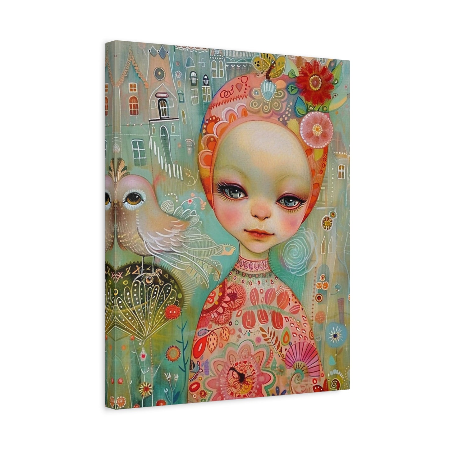 Whimsical Girl & Bird Matte Canvas Wall Art — Stretched Decorative Painting