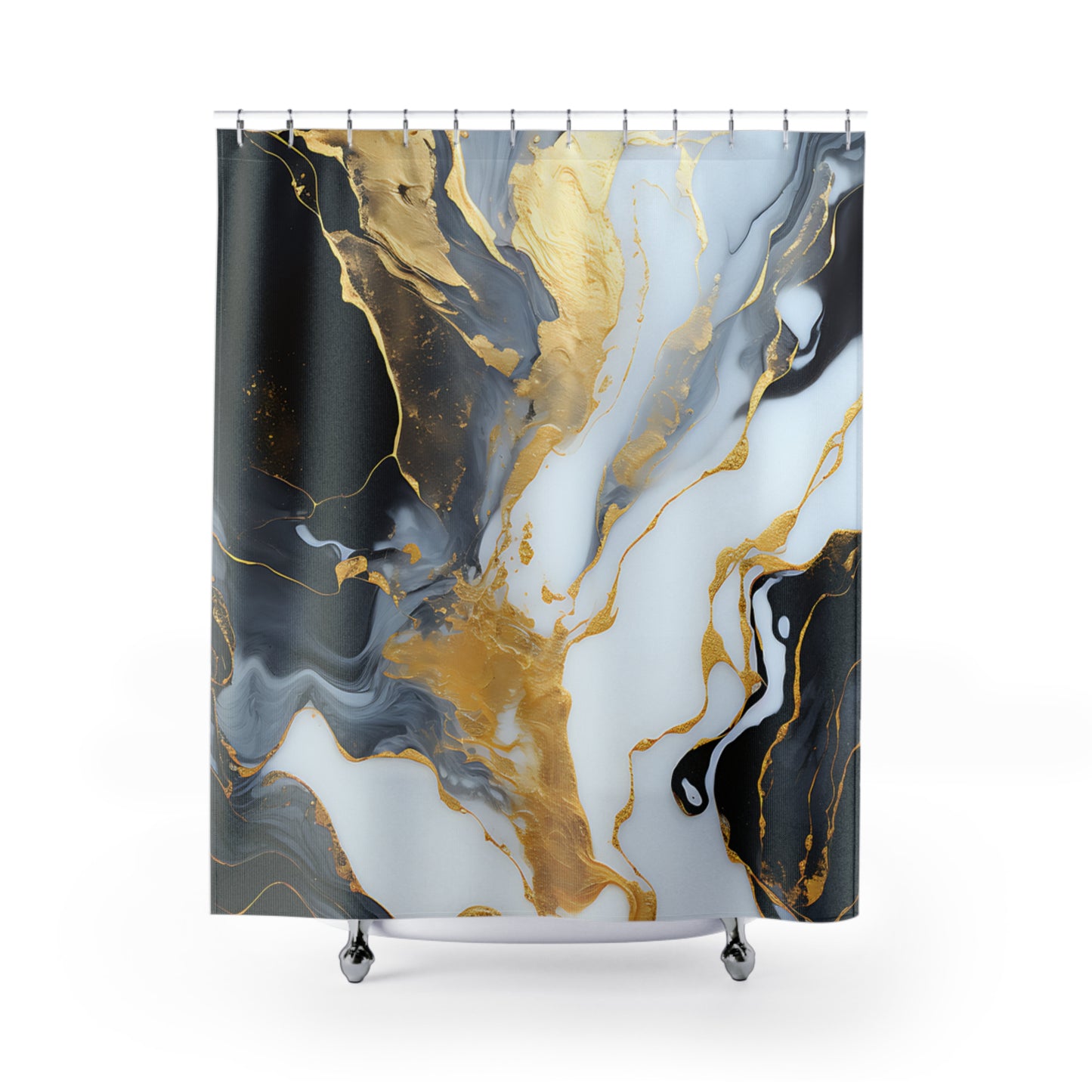Marble Gold Abstract Shower Curtain — Luxe Black & White Bath Decor