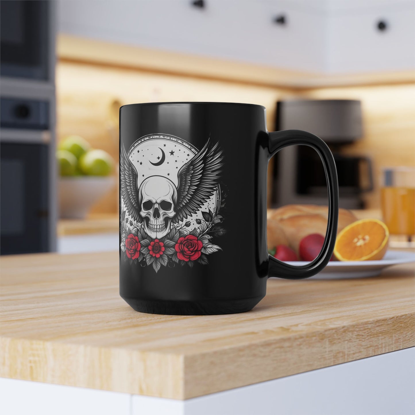 Black Skull & Roses Mug — 15oz Gothic Coffee Cup with Wings and Moon Design