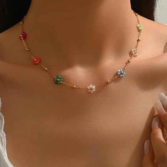 Bohemian Beaded Necklace and Bracelet Set for Women, Colorful/Pink/Green/Rose
