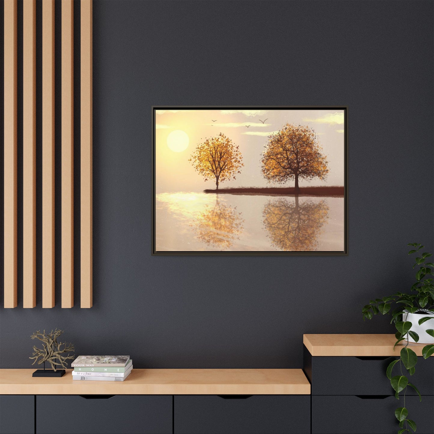 Framed Matte Canvas Wall Art — Golden Autumn Trees Reflection