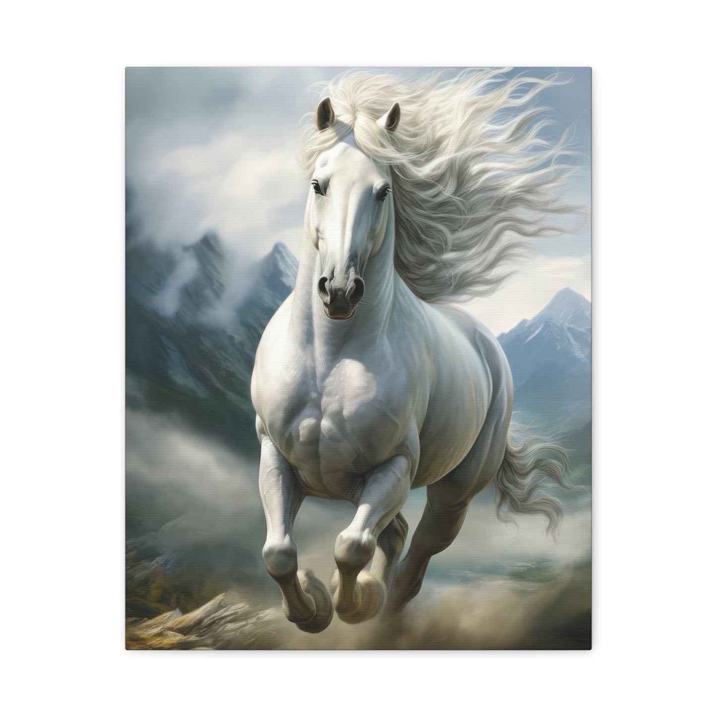 White Stallion Canvas Print – Majestic Galloping Horse Wall Art