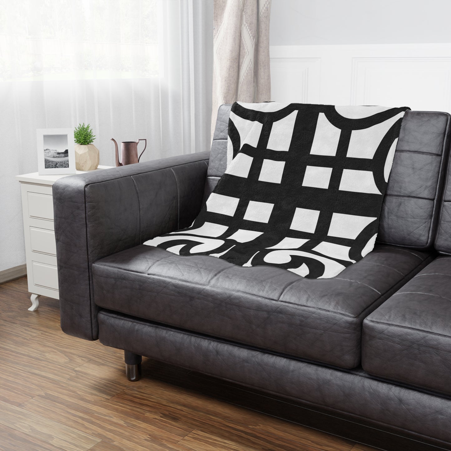 Geometric Scrolled Minky Blanket — Black & White Decorative Throw