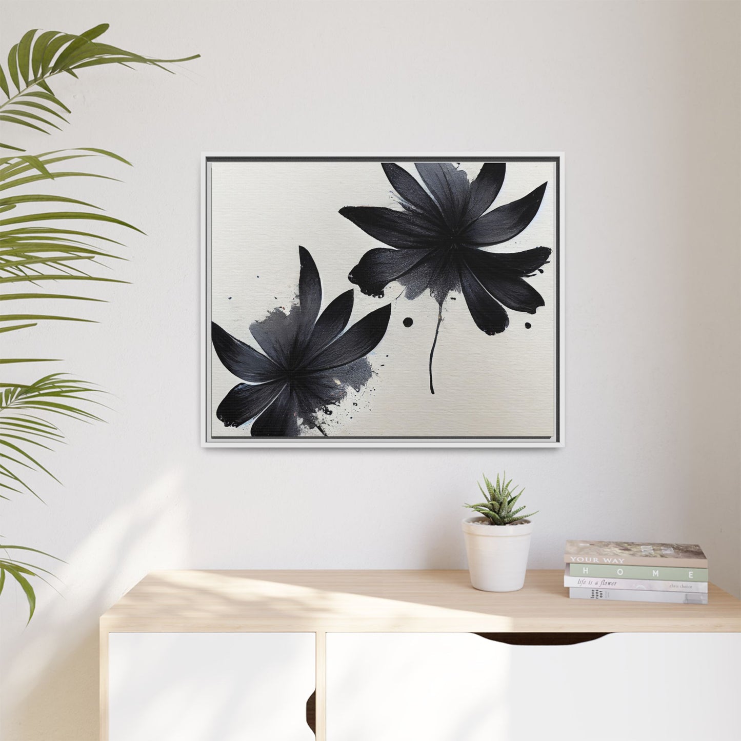 Framed Black Floral Matte Canvas Wall Art — Monochrome Botanical Print