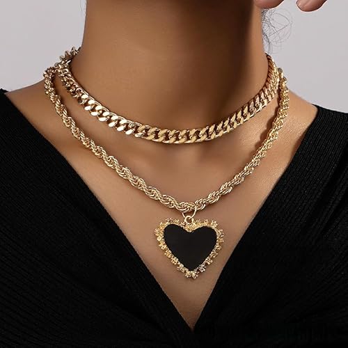 Chunky Gold Chain Necklace Set with Big Black Heart Pendant, Layered Choker Necklaces, Double Strand Rope and Cuban Link Chains, Fashion Statement Jewelry