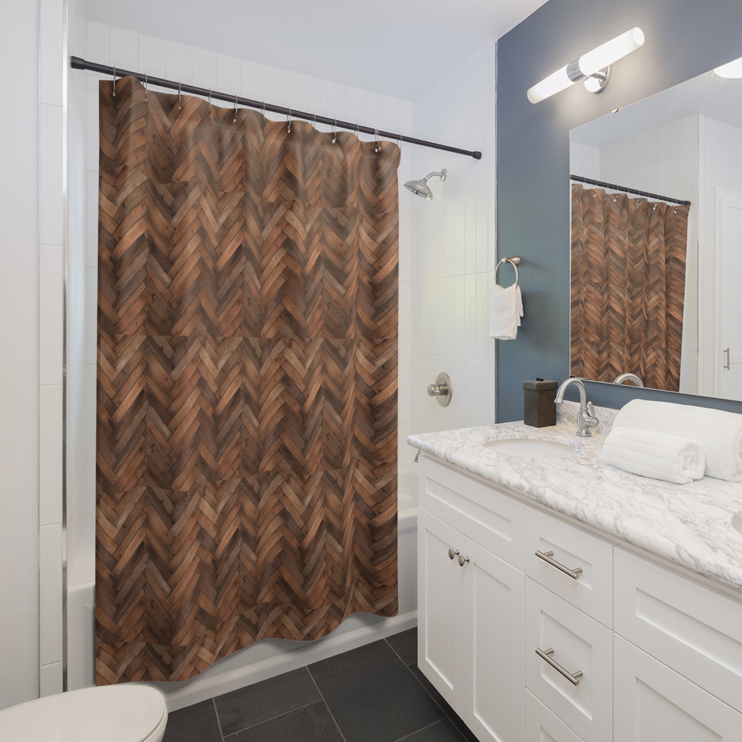 Rustic Wood Herringbone Shower Curtain, Farmhouse Decor, Boho Bathroom, Natural Vibe, Home Decor, Unique Gift