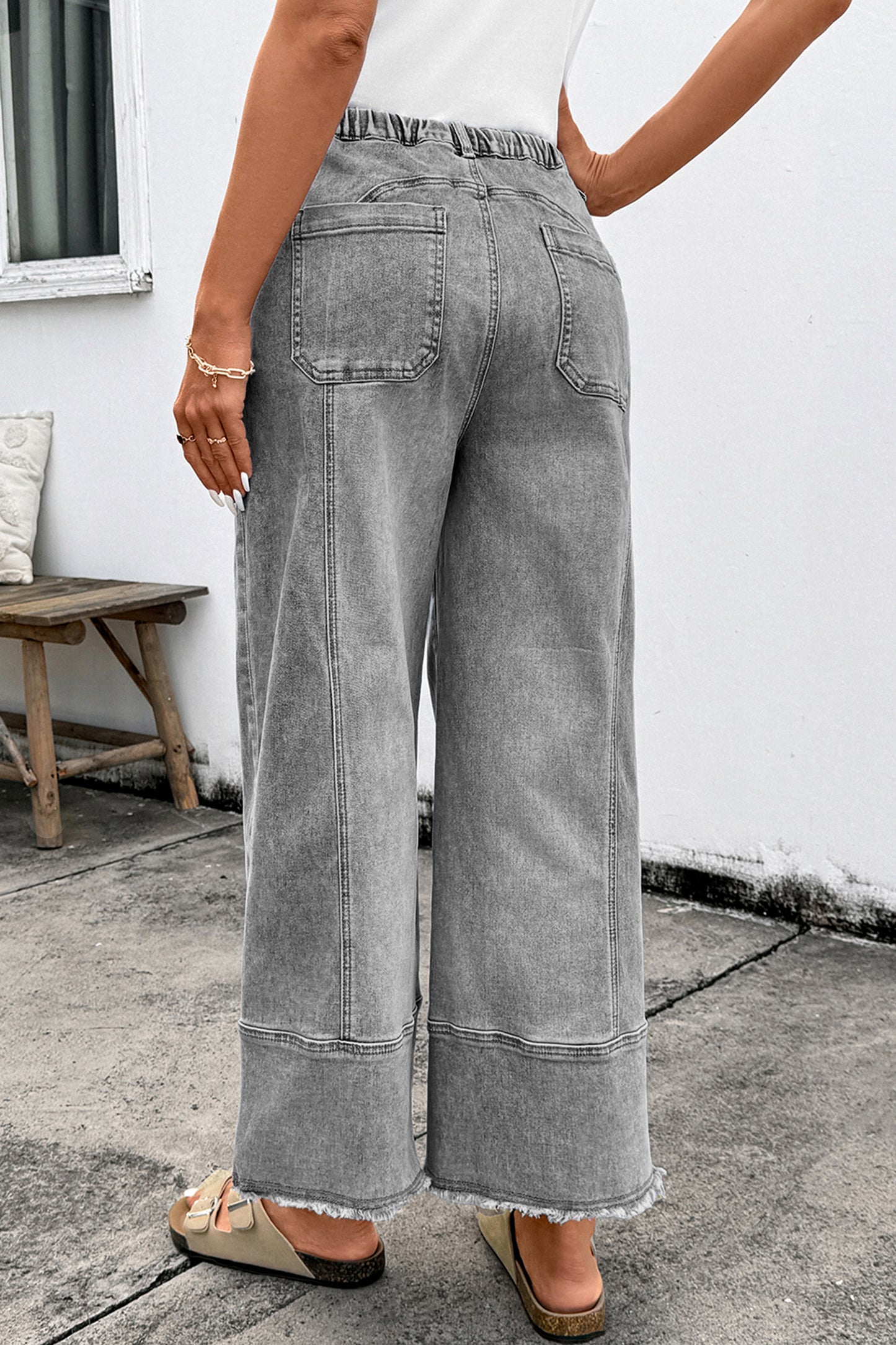 Gray Drawstring Seam Detail Raw Hem Wide Leg Denim Pants