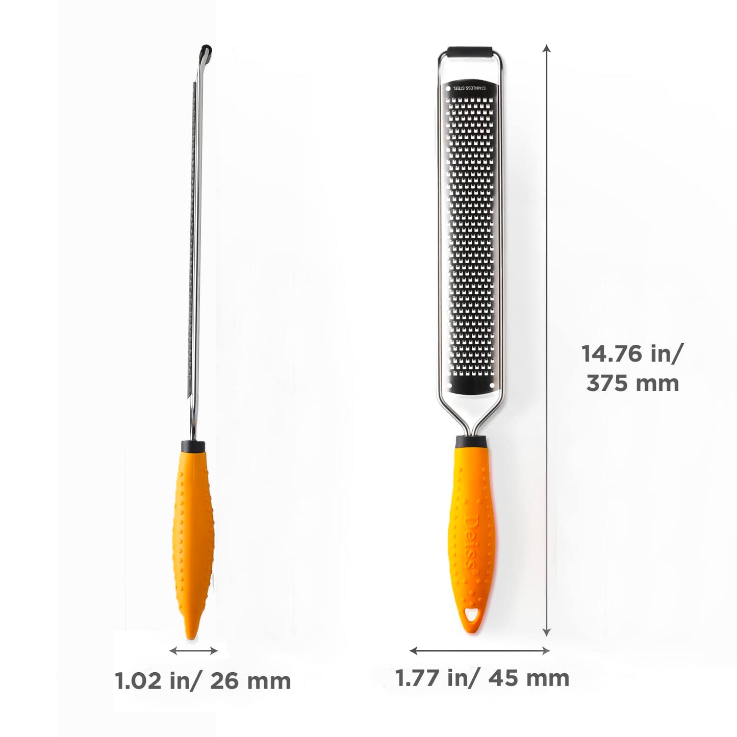 Deiss PRO Lemon Zester & Heavy Duty Cheese Grater & Vegetable Grater - Parmesan Cheese Lemon, Garlic, Nutmeg, Chocolate, Fruits, Vegetables, Ginger Grater - Cheese Shredder & Stainless Steel Grater