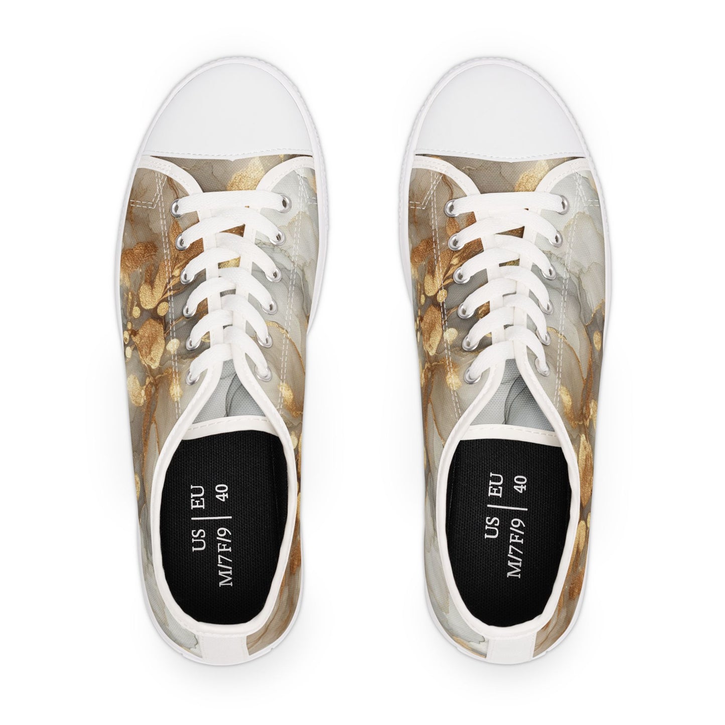 Gold Marble Women's Low Top Sneakers — Abstract Metallic Swirl Casual Shoes