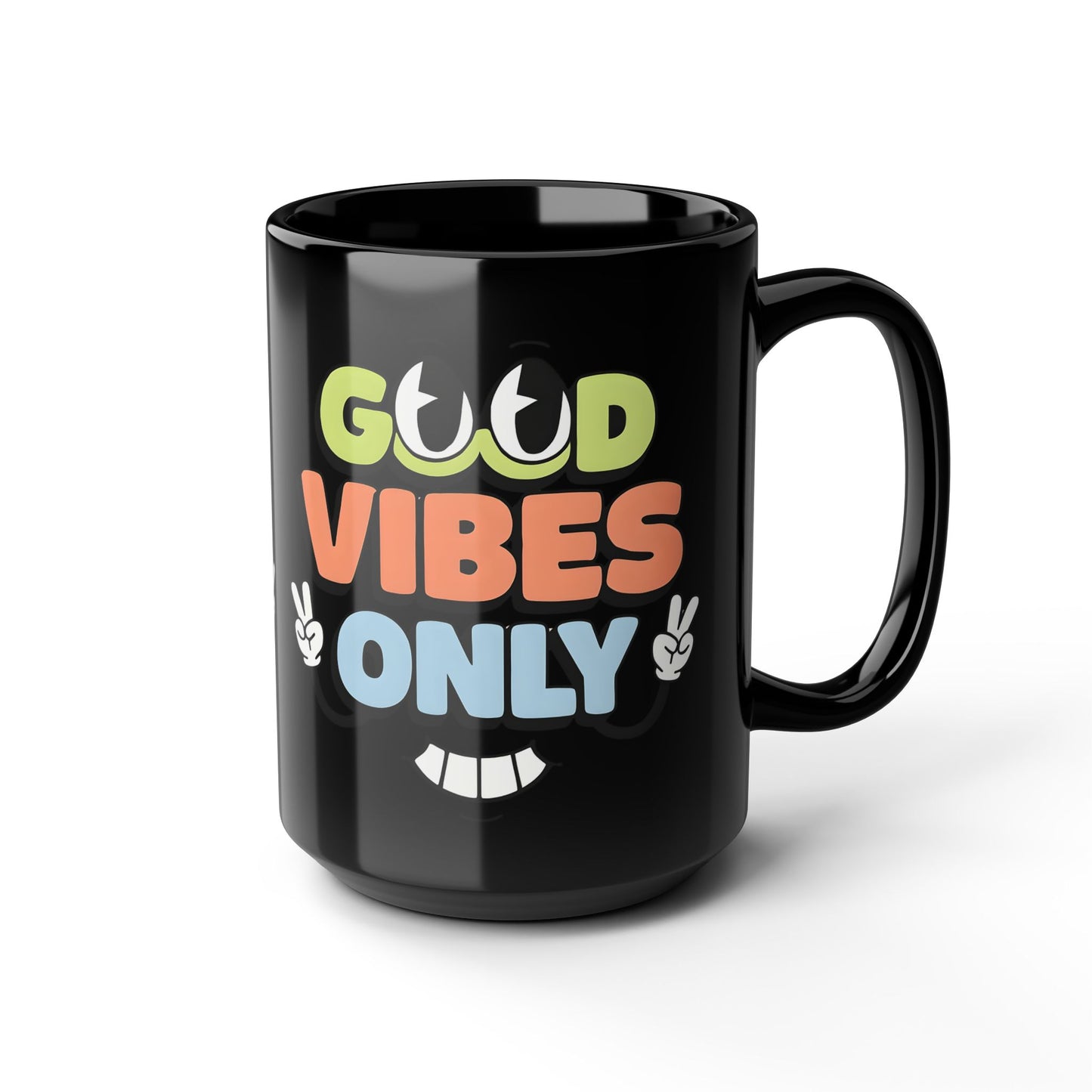 Good Vibes Only Black 15oz Mug — Retro Peace Sign Coffee Cup