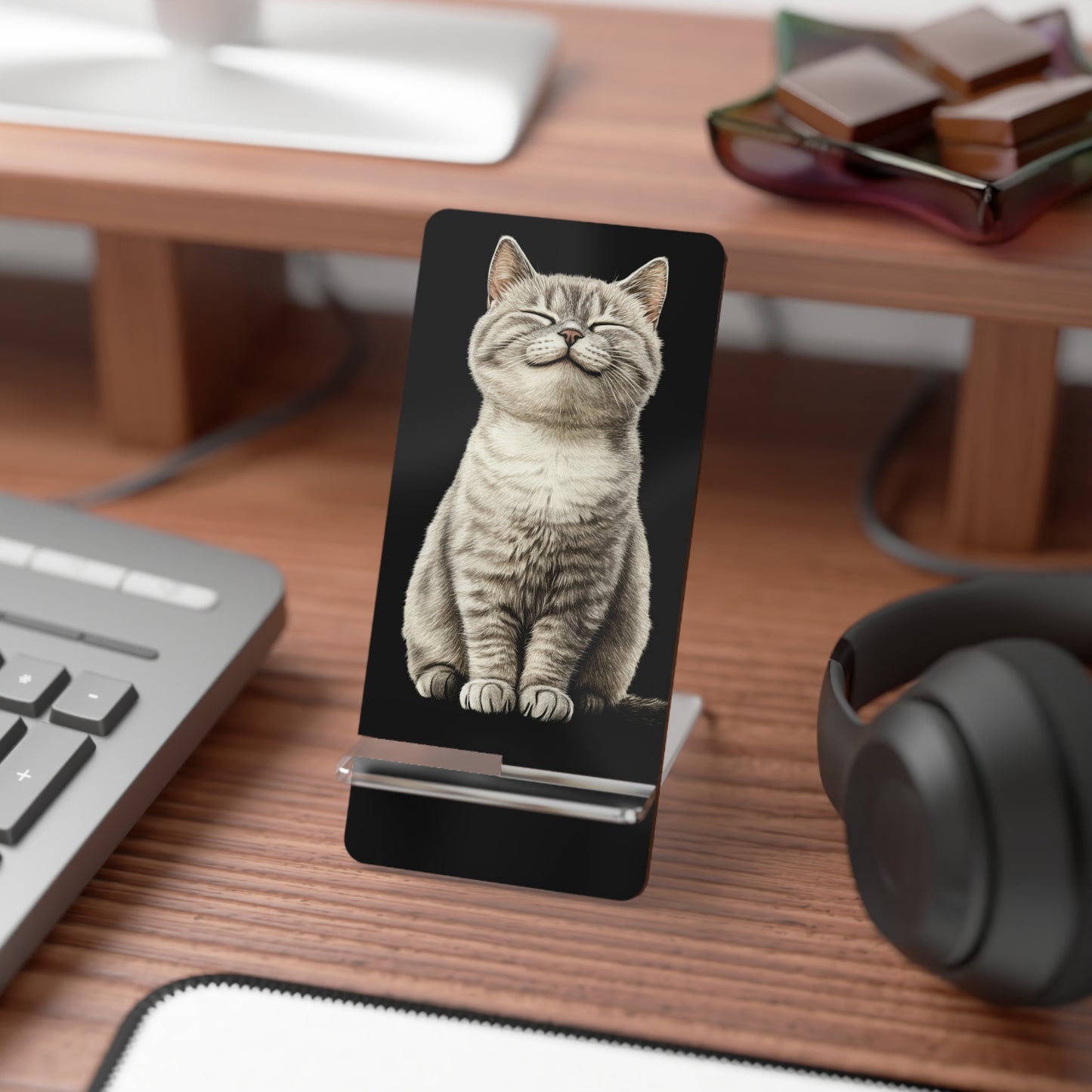 Cat Smiles Phone Stand — Cute Smartphone Display Stand with Smiling Kitten Design