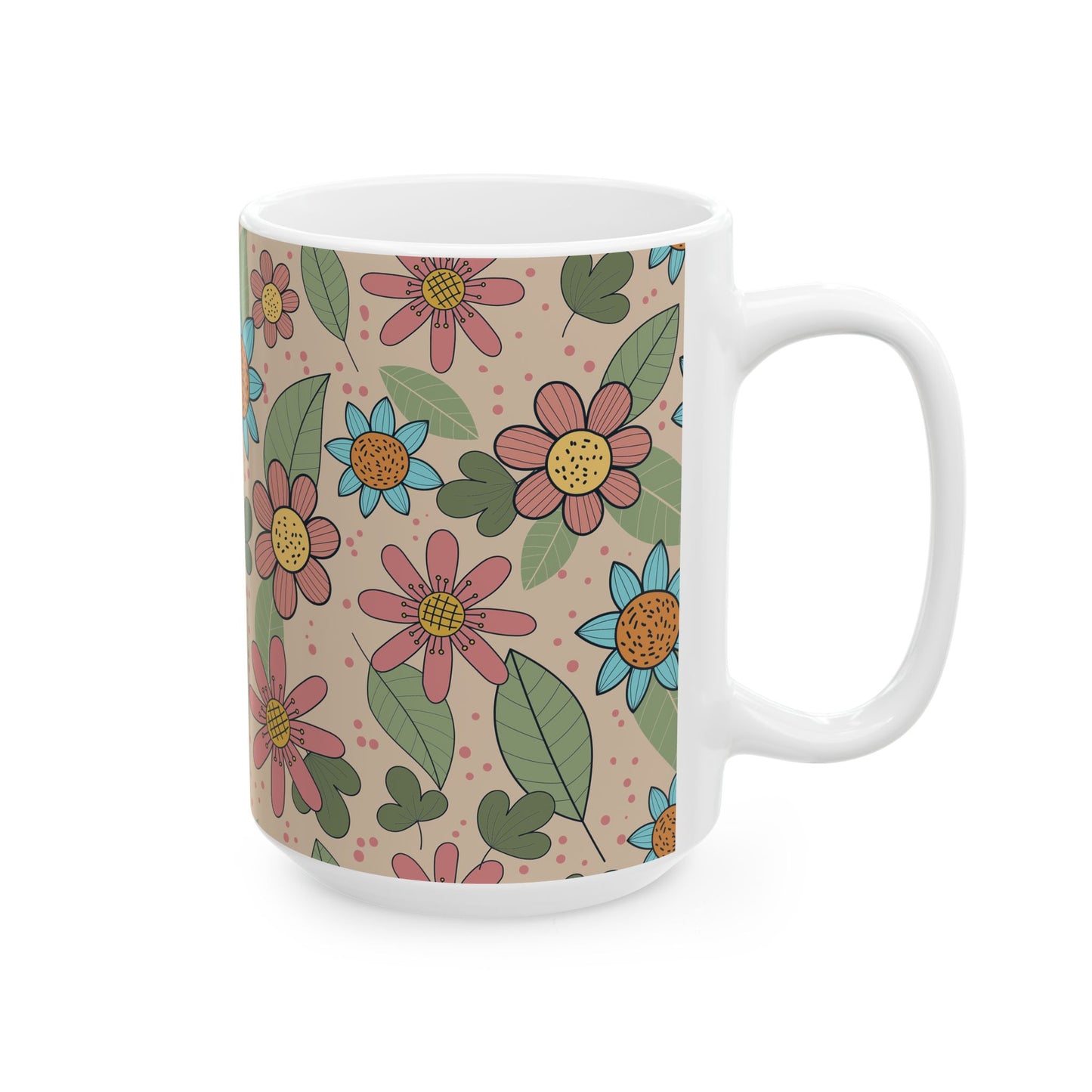 Floral Doodle Ceramic Mug – Retro Flower Pattern Coffee Cup (11oz & 15oz)