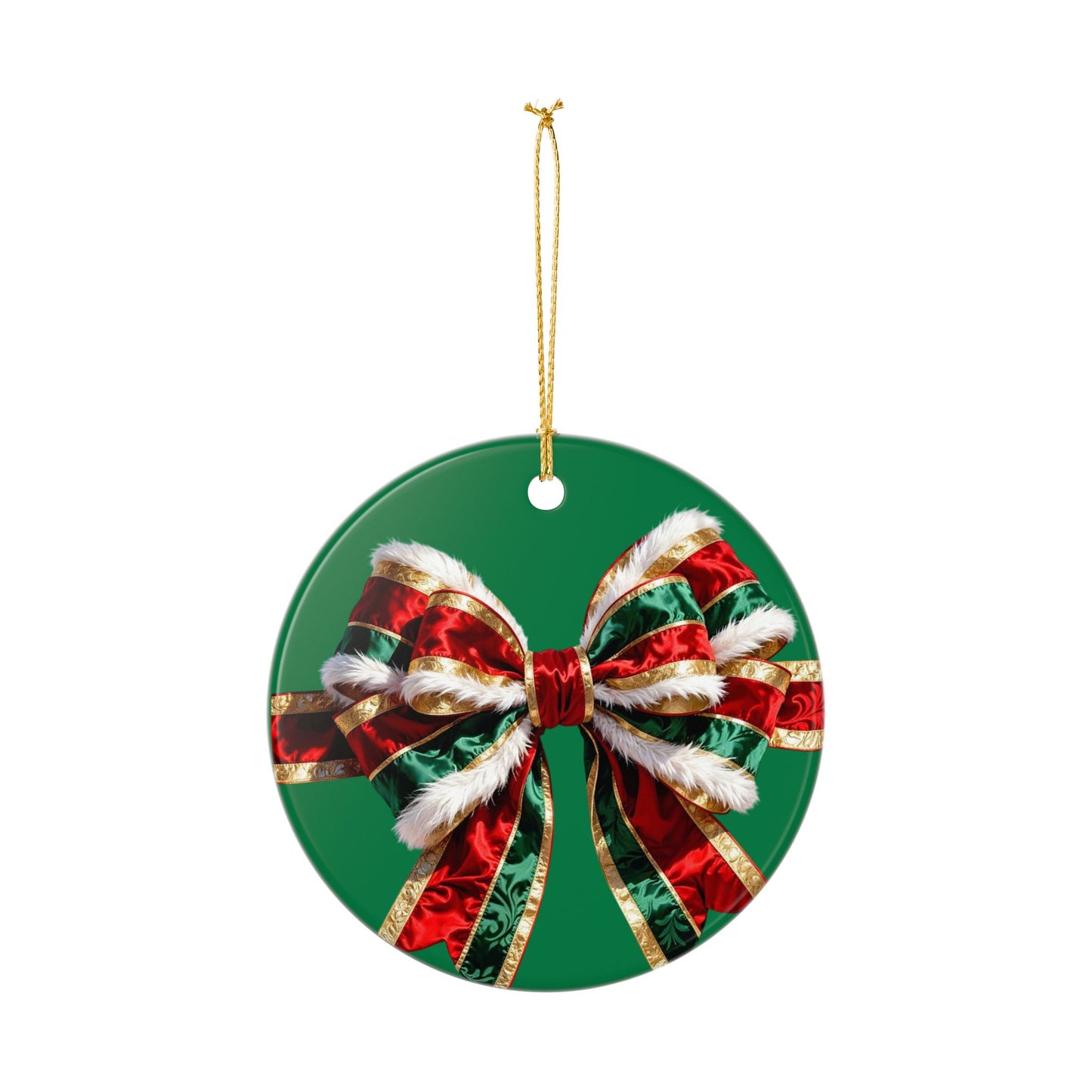 Festive Red & Green Ribbon Ceramic Ornament — Double-Sided Christmas Tree Decoration