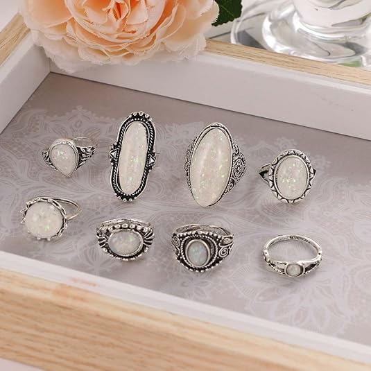 8 Pcs/set Alloy Opal Stone Carving Transparent White Vintage Bohemian Jewelry Inset Joint Ring Women Ring Sets