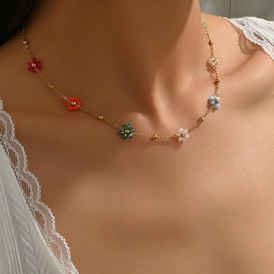 Bohemian Beaded Necklace and Bracelet Set for Women, Colorful/Pink/Green/Rose