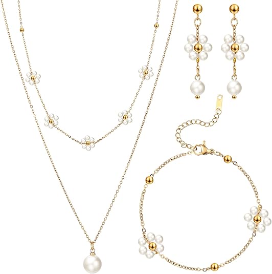 Tondiamo 5 Pcs Gold Jewelry Set for Women Daisy Pearl Jewelry Wedding Pearl