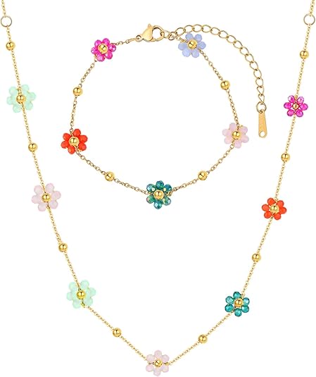 Bohemian Beaded Necklace and Bracelet Set for Women, Colorful/Pink/Green/Rose