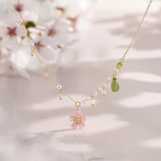 Pink Flower Necklace Earrings Set for Women Cherry Blossom Floral Pearl Pendant