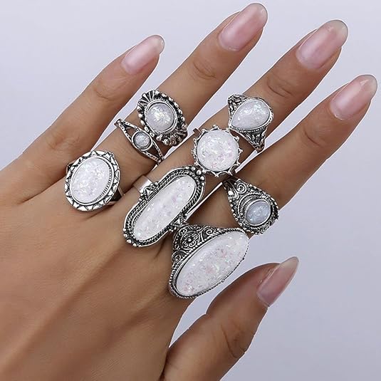 8 Pcs/set Alloy Opal Stone Carving Transparent White Vintage Bohemian Jewelry Inset Joint Ring Women Ring Sets