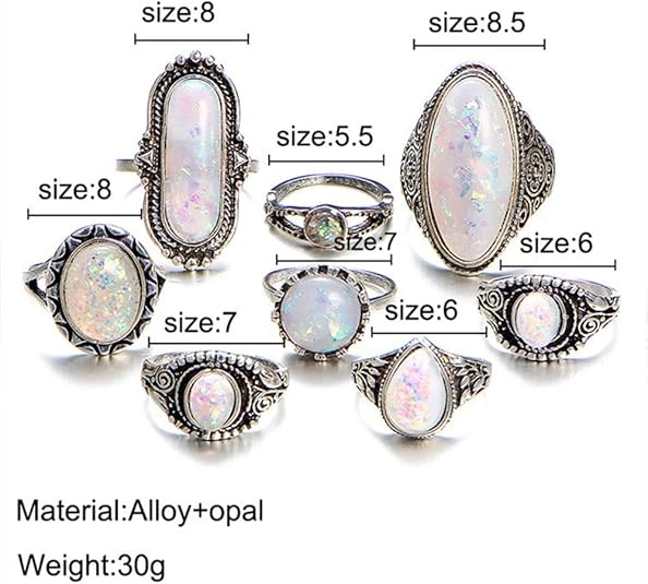 8 Pcs/set Alloy Opal Stone Carving Transparent White Vintage Bohemian Jewelry Inset Joint Ring Women Ring Sets