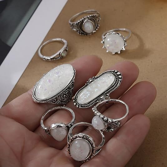 8 Pcs/set Alloy Opal Stone Carving Transparent White Vintage Bohemian Jewelry Inset Joint Ring Women Ring Sets