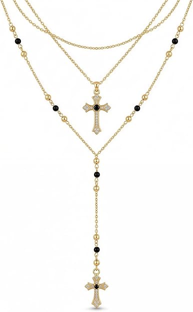 4PCS Layered Gold Cross Necklaces for Women Trendy, Bohemian Bead Pearl Y Long Pendant Necklace Set, Vintage Rosary Necklace Stack Adjustable Length