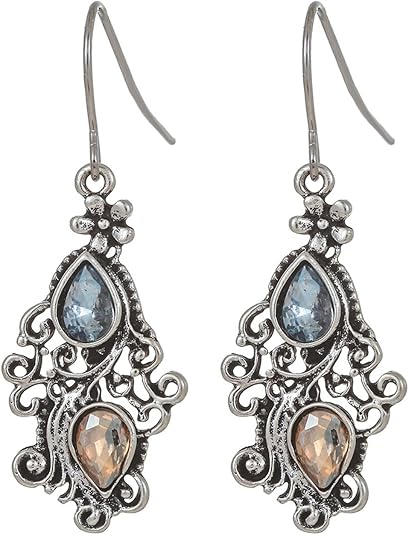 Bohemian Vintage Silver Openwork Teardrop Dangle Earrings - Women's Crystal