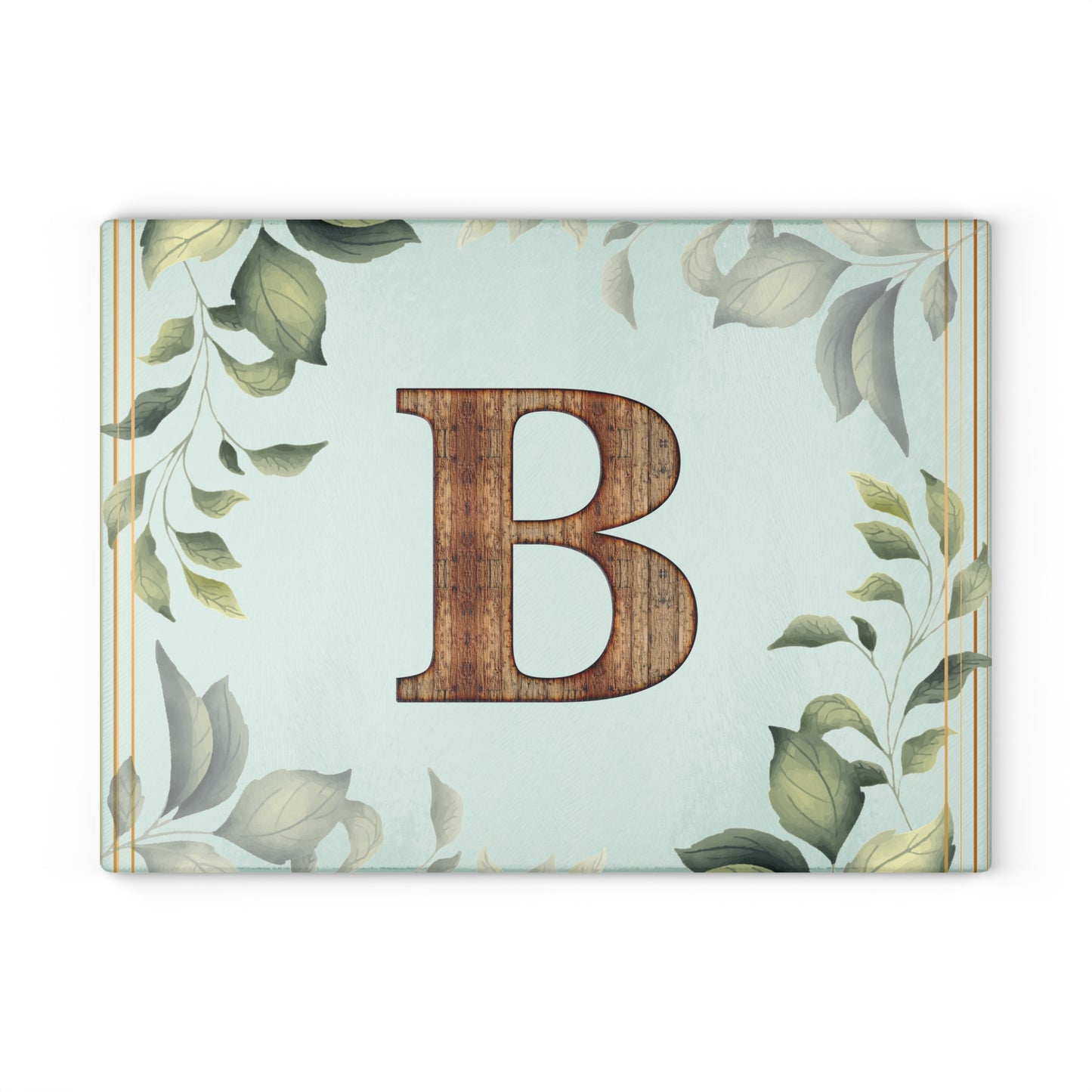 Monogram Glass Cutting Board - Botanical Initial "B" with Rustic Wood Letter