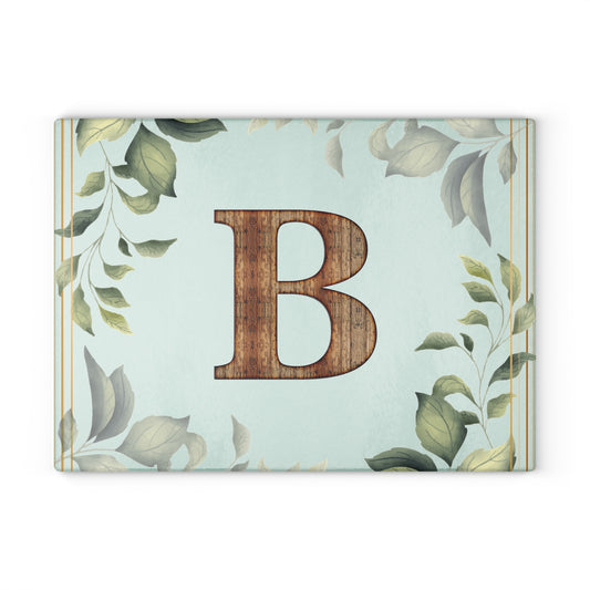 Monogram Glass Cutting Board - Botanical Initial "B" with Rustic Wood Letter