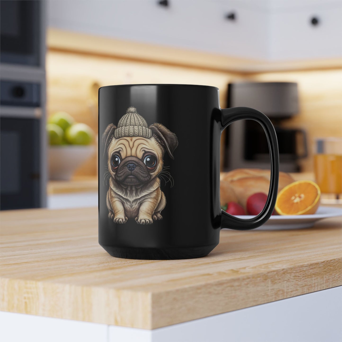 15oz Black Mug — Cute Pug Puppy with Beanie Coffee Mug