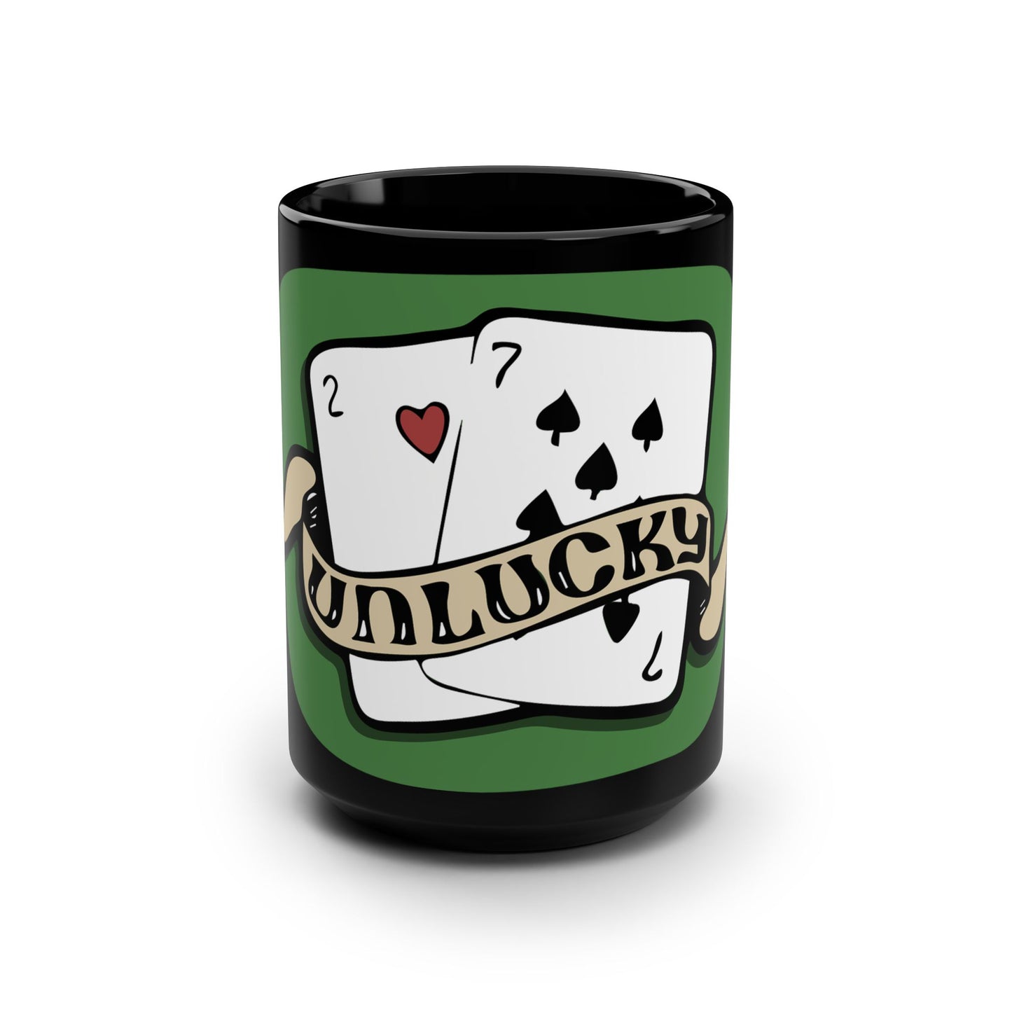 Unlucky Cards Black 15oz Mug — Retro Tattoo-Style Playing Cards Design