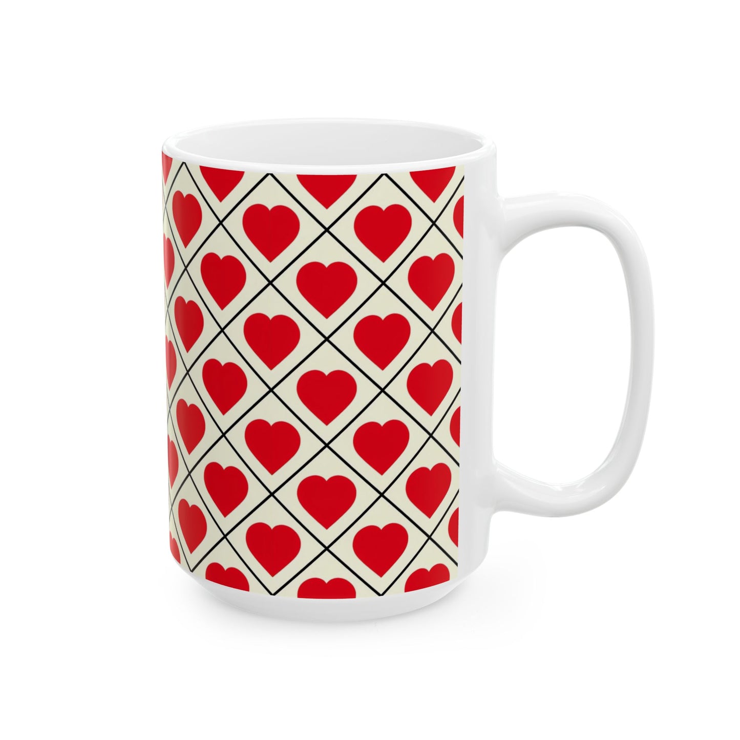 Heart Pattern Ceramic Mug – Red Hearts Grid Coffee Cup (11oz, 15oz)