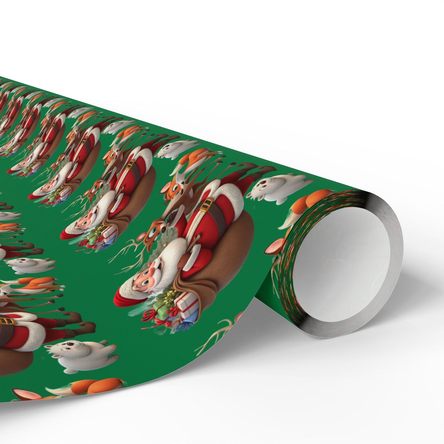 Christmas Santa & Reindeer Wrapping Paper Roll — Festive Green Holiday Gift Wrap