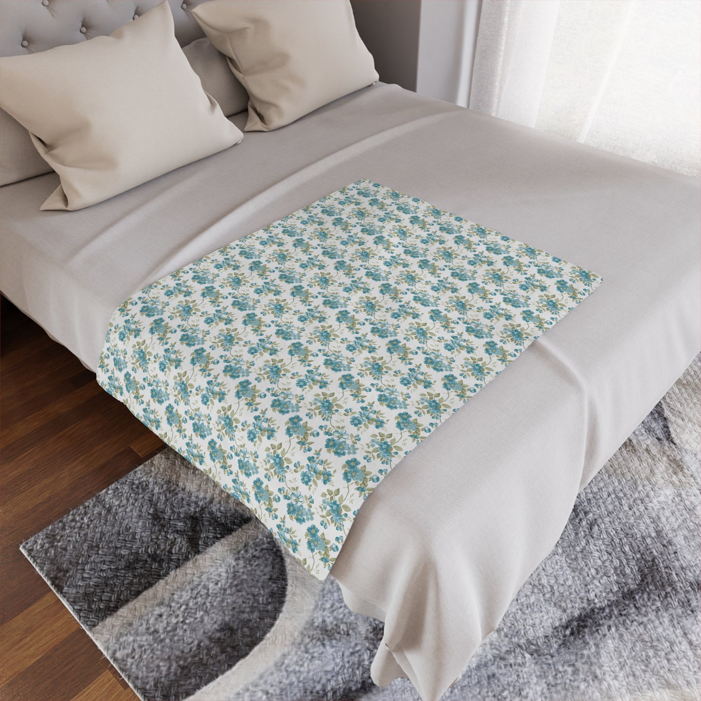 Floral Minky Blanket — Vintage Blue Rose Throw for Cozy Home, Nursery, Gift