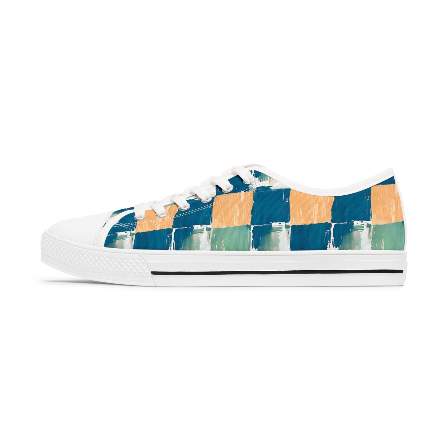 Canvas Sneakers — Hand-Painted Checkerboard in Teal, Orange & Mint