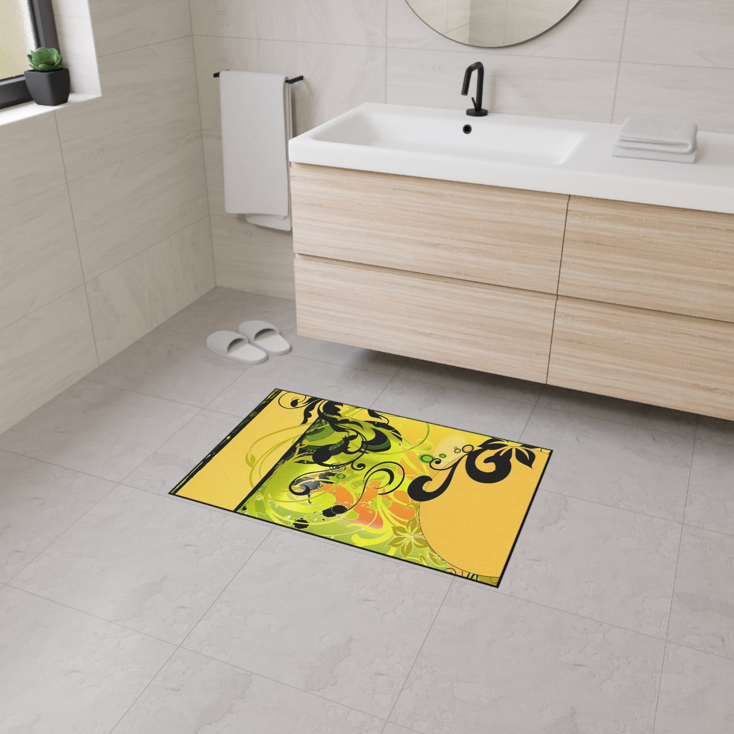 Floral Swirl Heavy Duty Floor Mat — Yellow Green Decorative Entry Rug