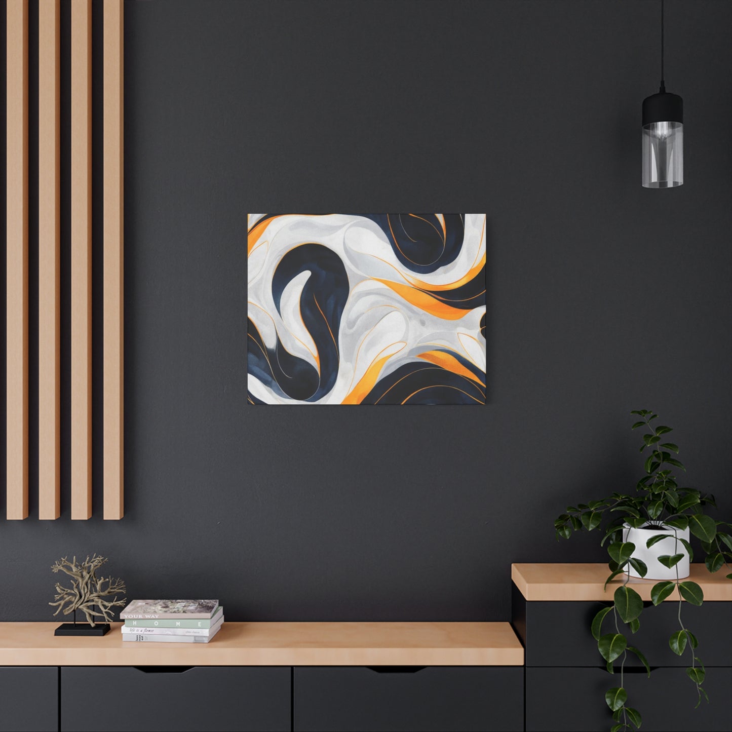 Abstract Fluid Art Matte Canvas Print — Navy, Gold & White Stretched Wall Art