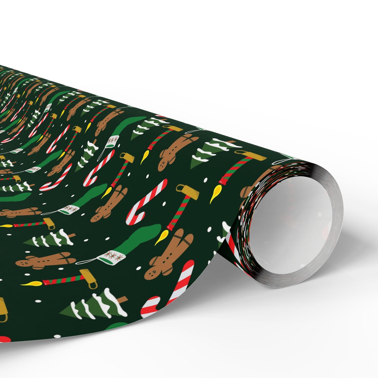 Christmas Wrapping Paper Roll — Gingerbread & Candy Cane Pattern on Dark Green