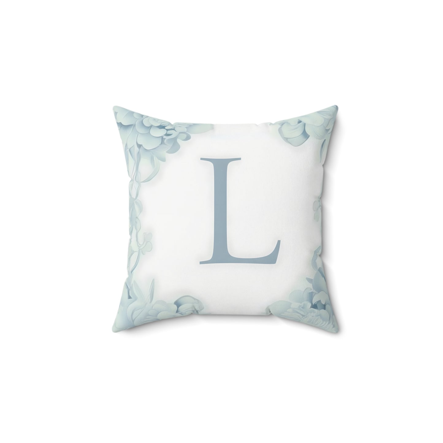 Monogram L Floral Border Decorative Pillow — Soft Blue Initial Throw Pillow
