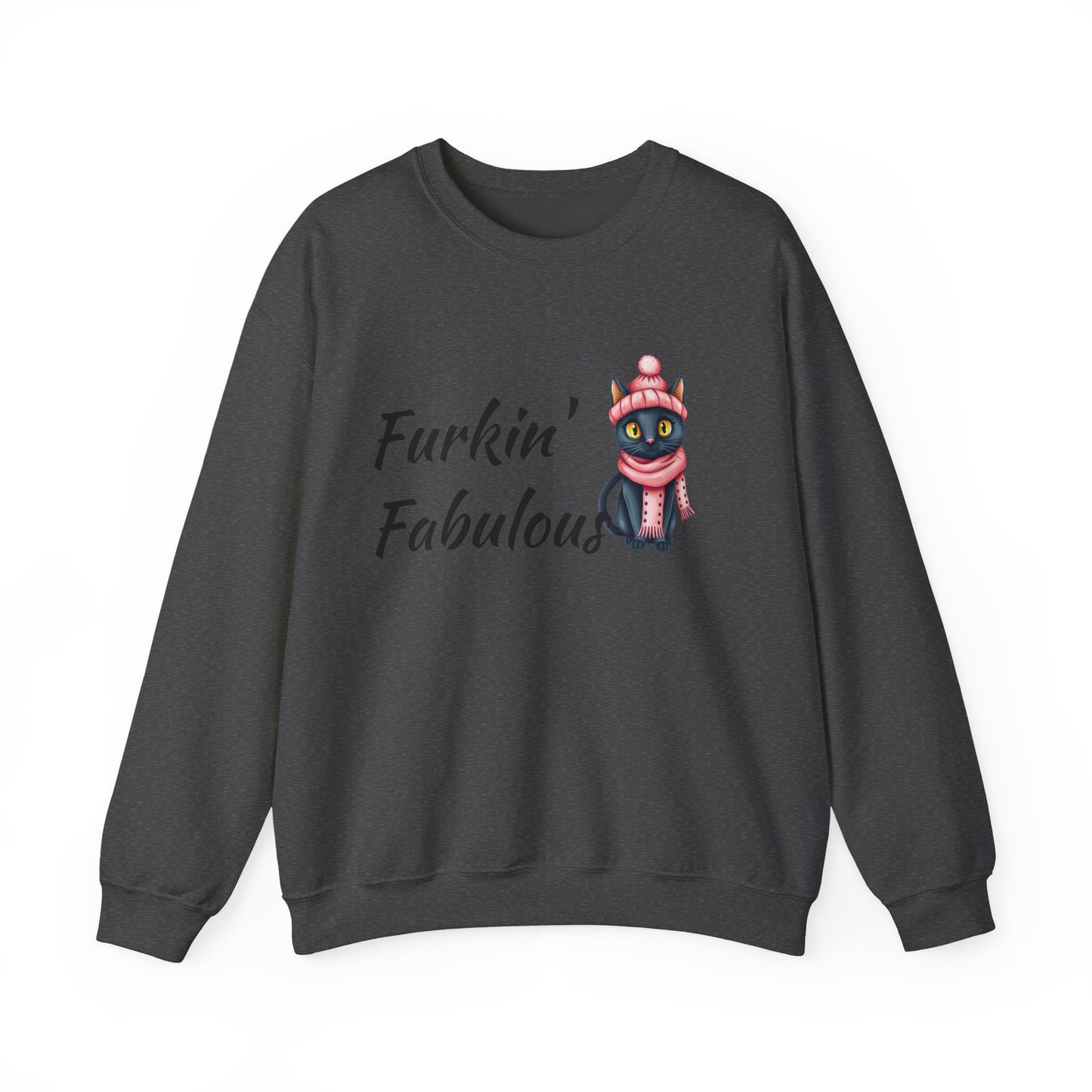 Crewneck Sweatshirt — "Furkin' Fabulous" Cute Black Cat in Pink Hat & Scarf